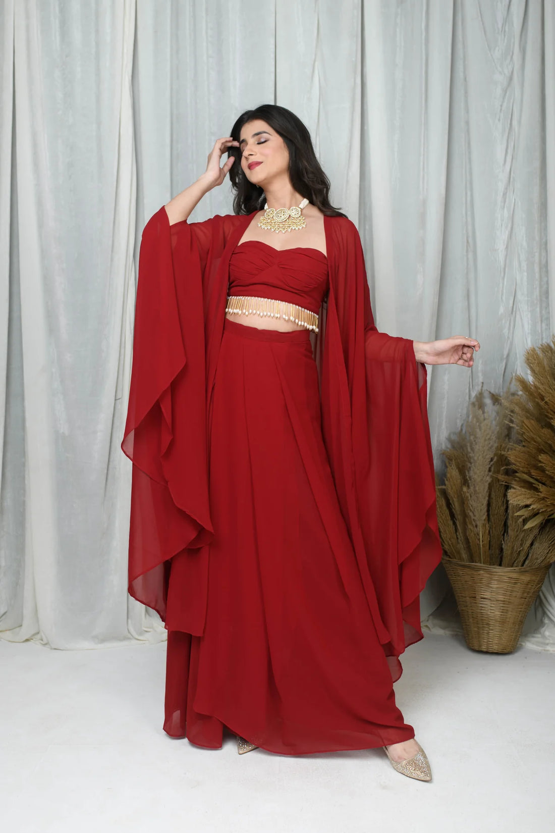 Red Cape and Drape Skirt Set- By Reet Lifestyle