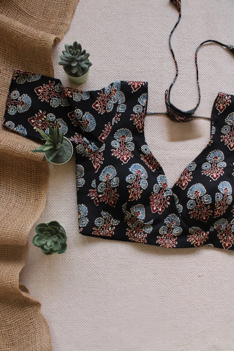 Black Ajrakh Blouse  Modal Silk Padded Blouse