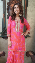 Muslin Pink Floral Punjabi Dhoti Kurta