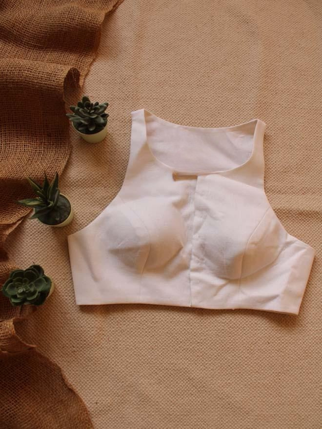 White Cotton Padded Front-Hook Blouse