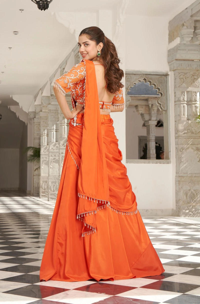 Orange Silk Crepe Pre-Draped Sequin Saree with blouse