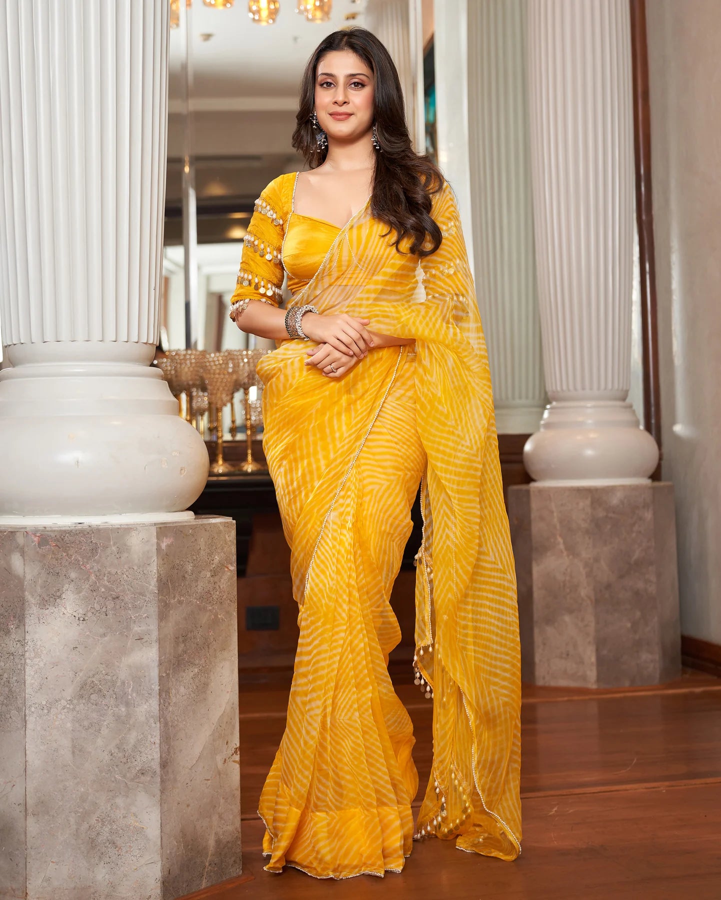 Agni Yellow Pre-Draped Leheriya Saree with Blouse