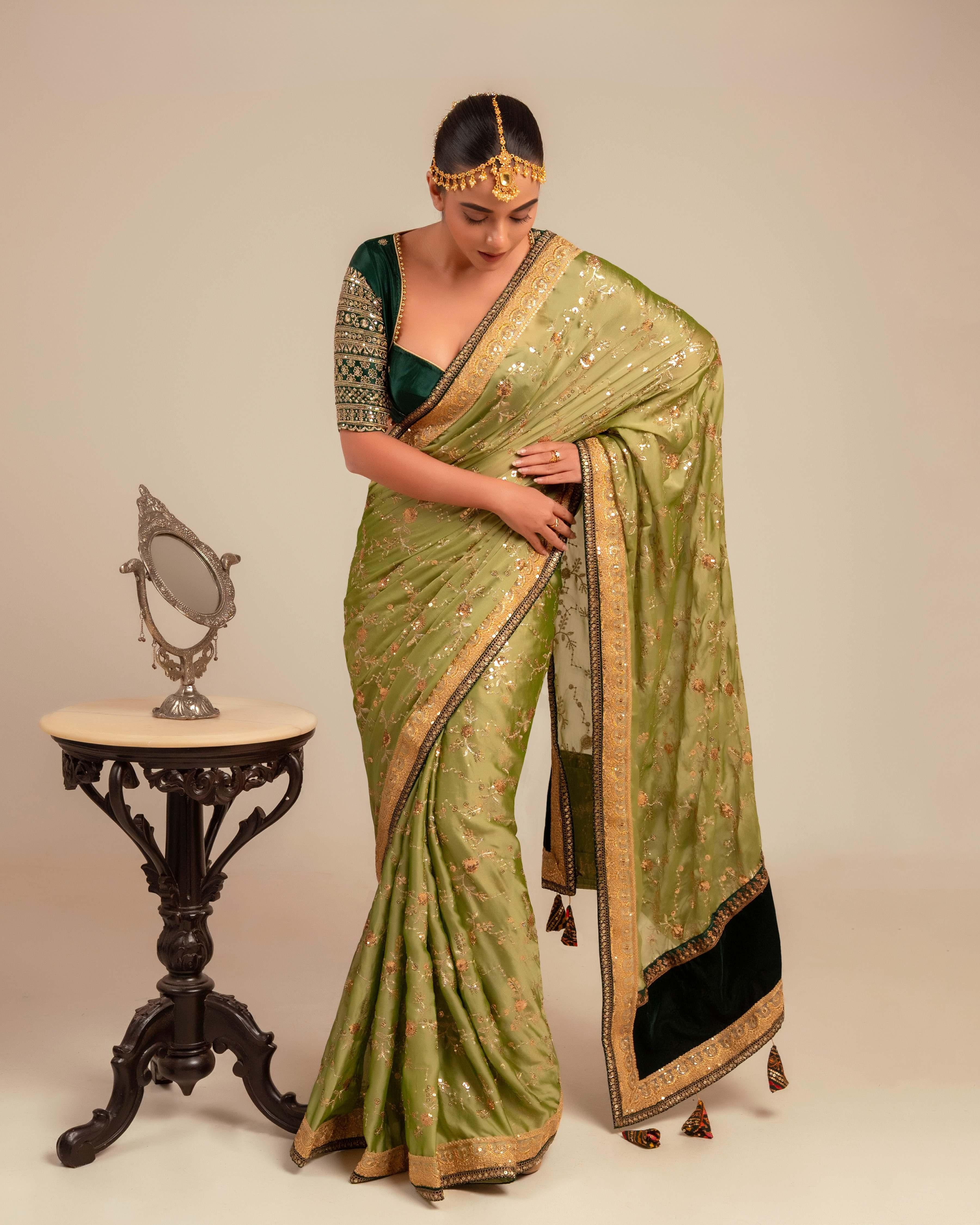 Gaji Silk Deep Green Embellished Blouse