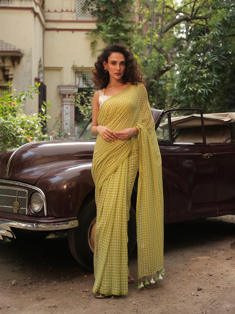 Sky Blue Gingham Mul Cotton Checks Saree