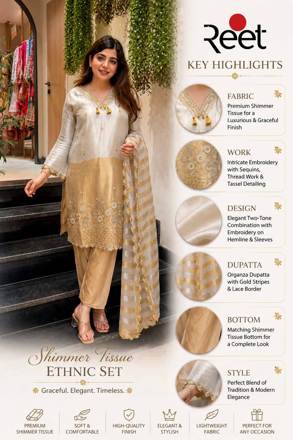 Gold Hand Embroidered Shimmer Tissue Suit Set