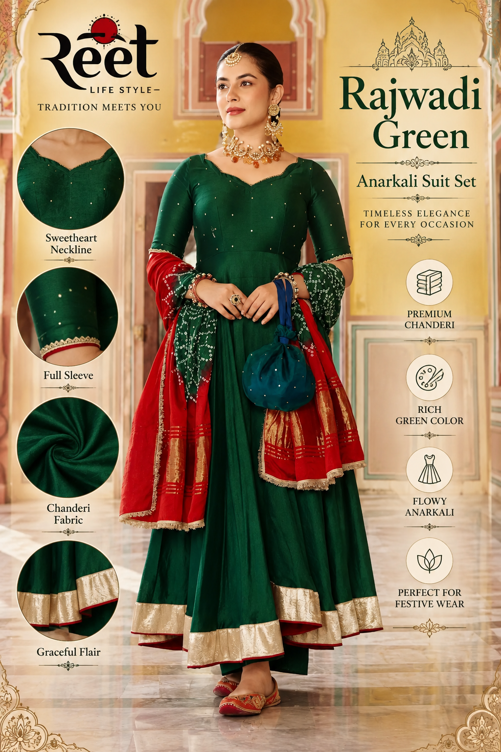 Rajwadi Green Chanderi Anarkali Suit Set