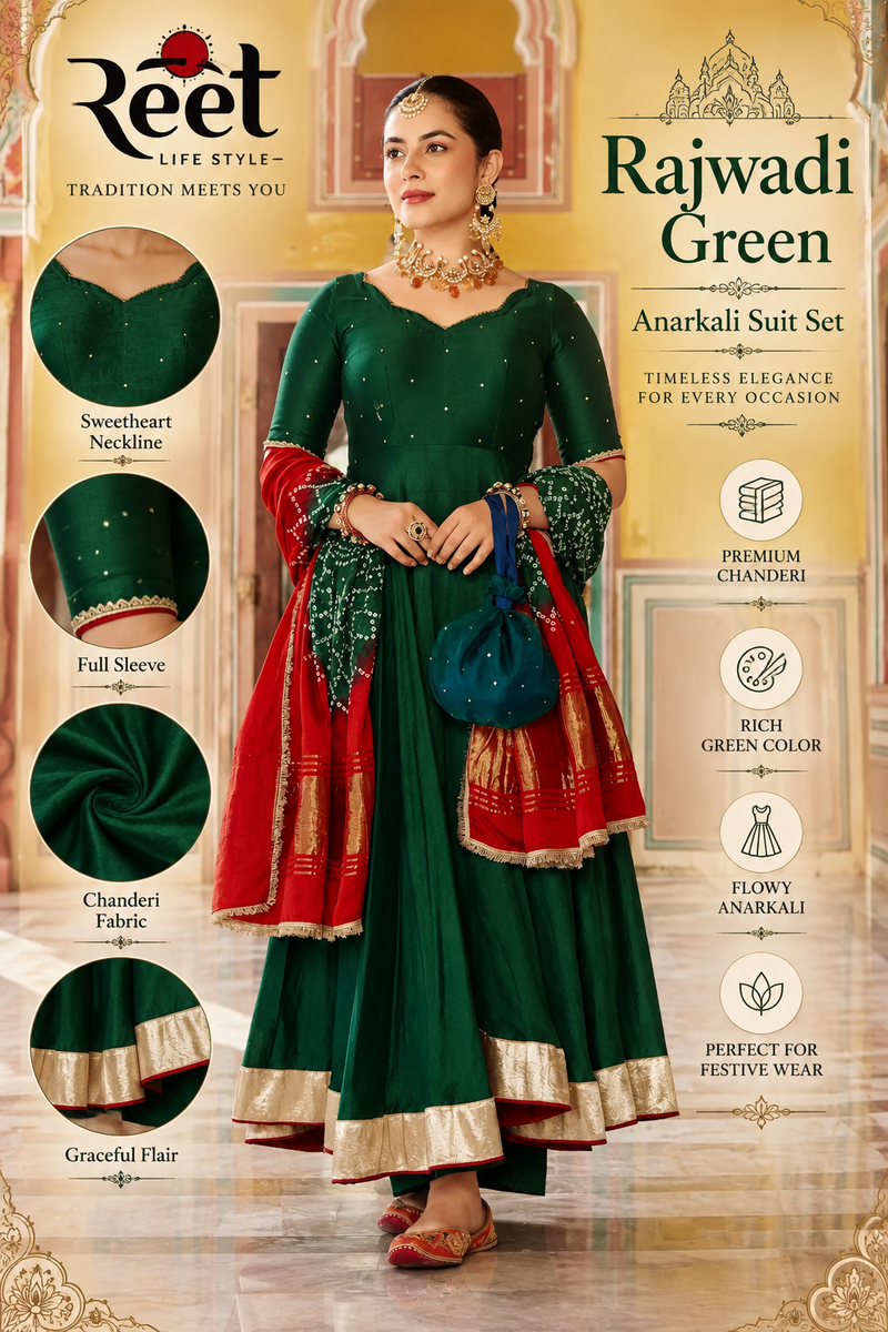 Rajwadi Green Chanderi Anarkali Suit Set