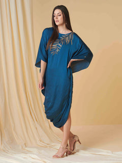 Prussian Blue Quilla Draped Dress with Embroidered Neckline