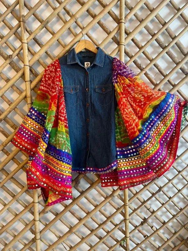 Fusion Denim Peplum shirt with Bandhani Silk Frill & Zari Accents