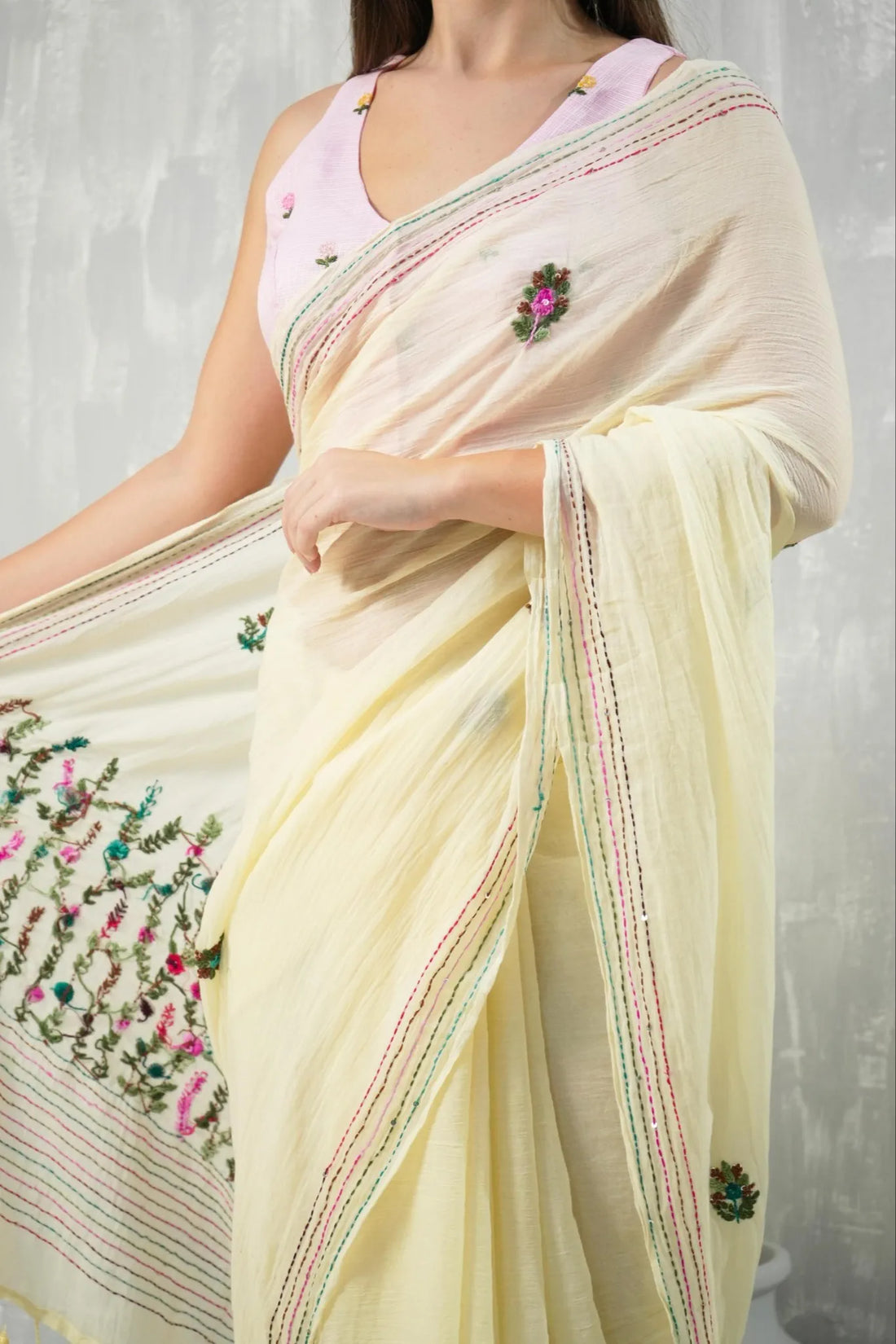 Cream Pure Mul Cotton Kantha Embroidered Saree