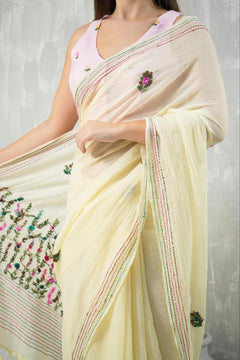 Cream Pure Mul Cotton Kantha Embroidered Saree