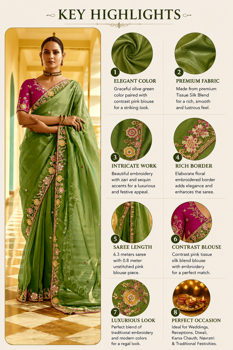 🌿 Olive Green Designer Tissue Silk Saree