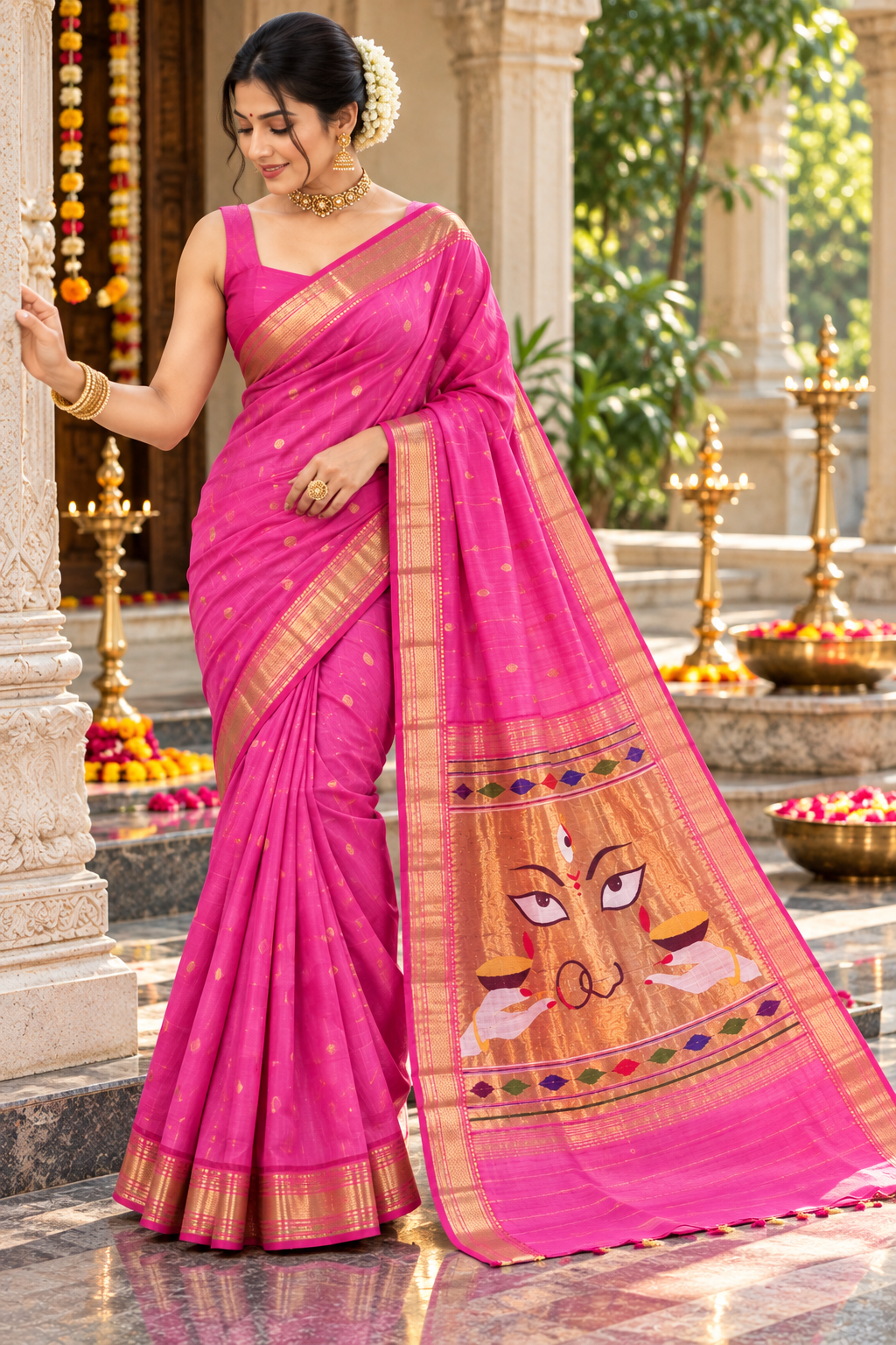 Traditional Maharashtrian Devi Varn Temple Design Zari Border Cotton Paithani Saree