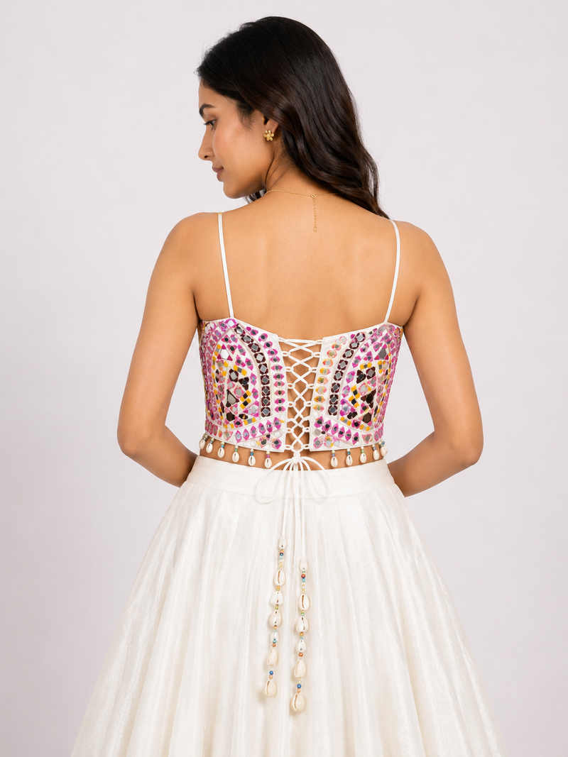 Rani Pink Mirror Work Designer Blouse with Shell Tassels