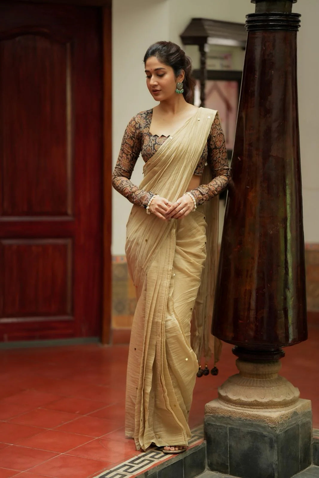 Golden Chanderi Designer Saree with Ajrakh Blouse