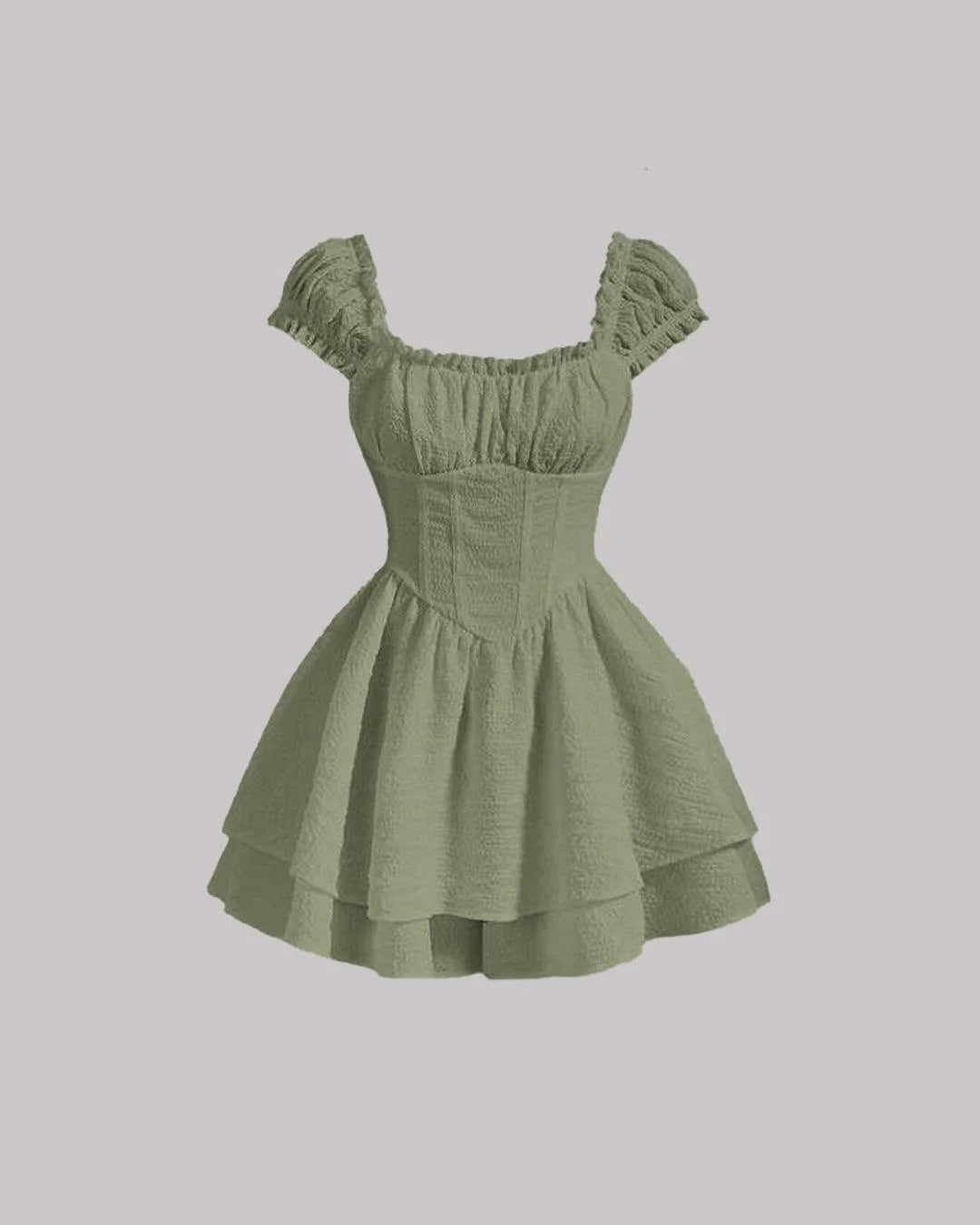 Green Square Neck Waist-Cinch Dress
