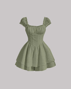 Green Square Neck Waist-Cinch Dress