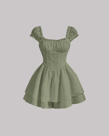 Green Square Neck Waist-Cinch Dress