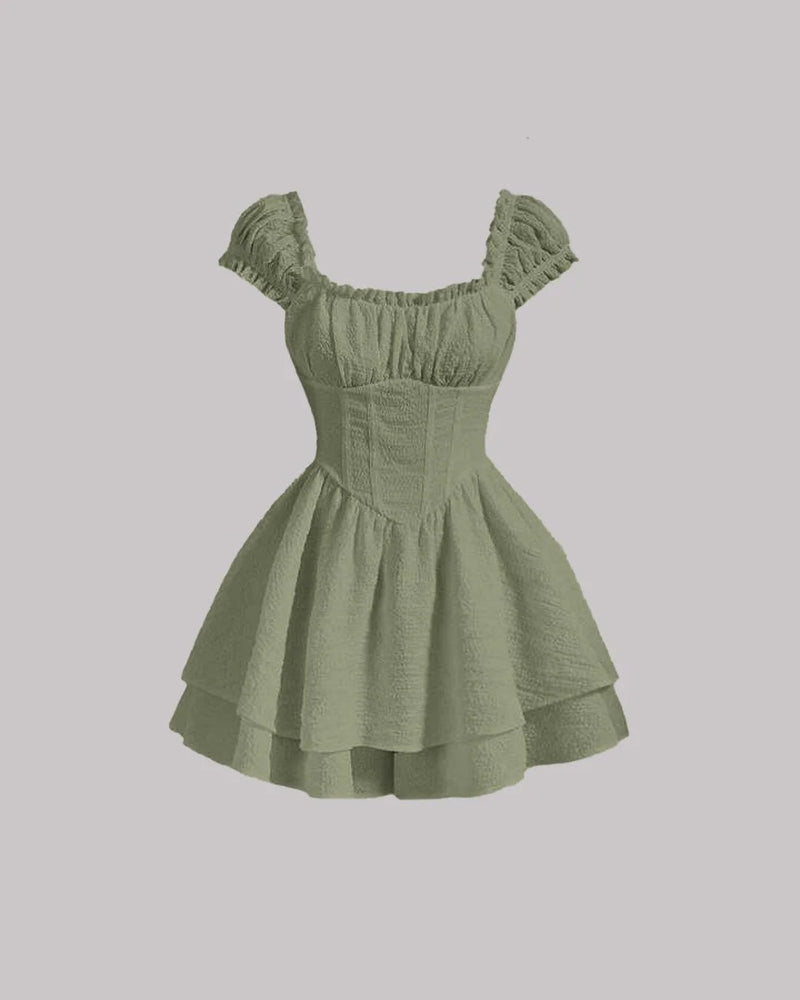 Green Square Neck Waist-Cinch Dress