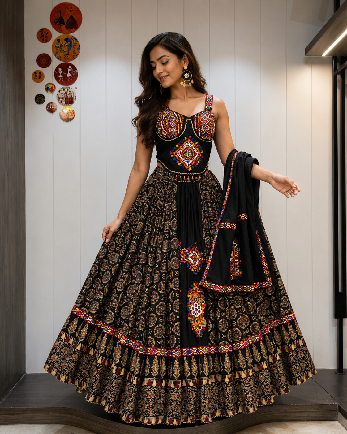 Ajrakh Tiranga Pure Camric Cotton Gamthi Work Lehenga