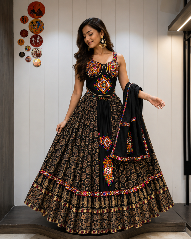 Ajrakh Tiranga Pure Camric Cotton Gamthi Work Lehenga