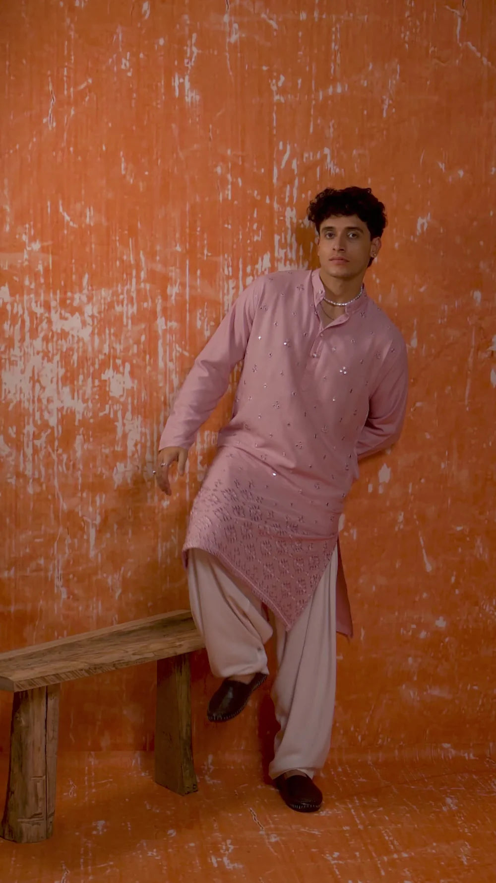 Pastel Pink Cotton Chikan Mirror Kurta