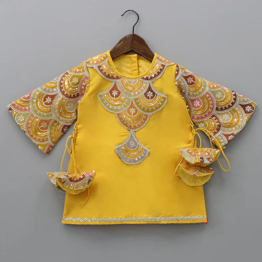 Mustard Kurti and Tulip Dhoti with Net Dupatta Twinning Set Brother Sister or Mother daughter