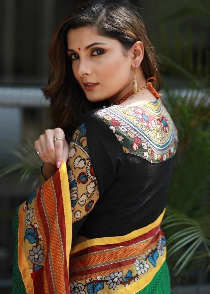 Green Khun Saree with Hand Painted Kalamkari Patch Pallu
