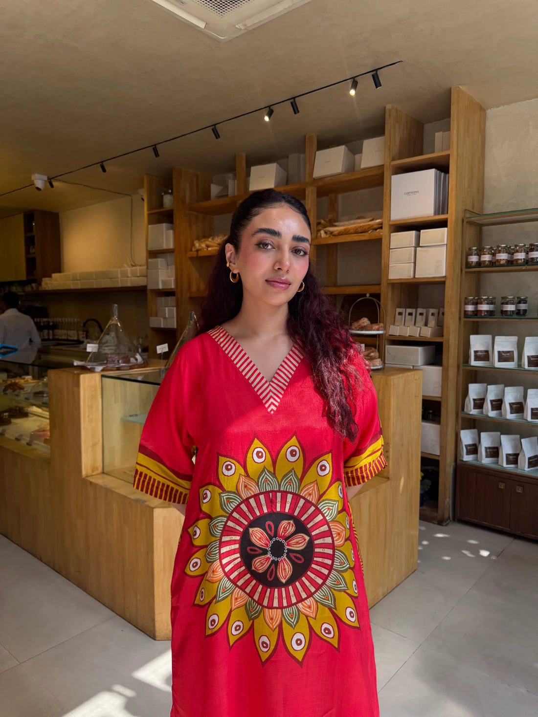 Crimson Mandala Printed Kaftan Set for Women