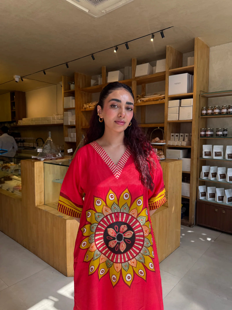 Crimson Mandala Printed Kaftan Set for Women