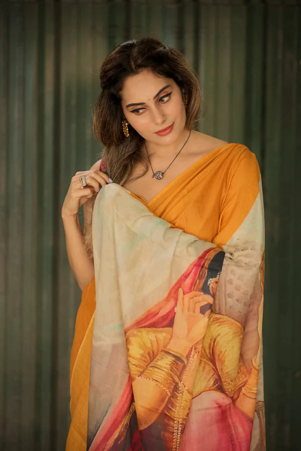 Rajsi Raaz Mustard Muse Mul Mul Printed Saree