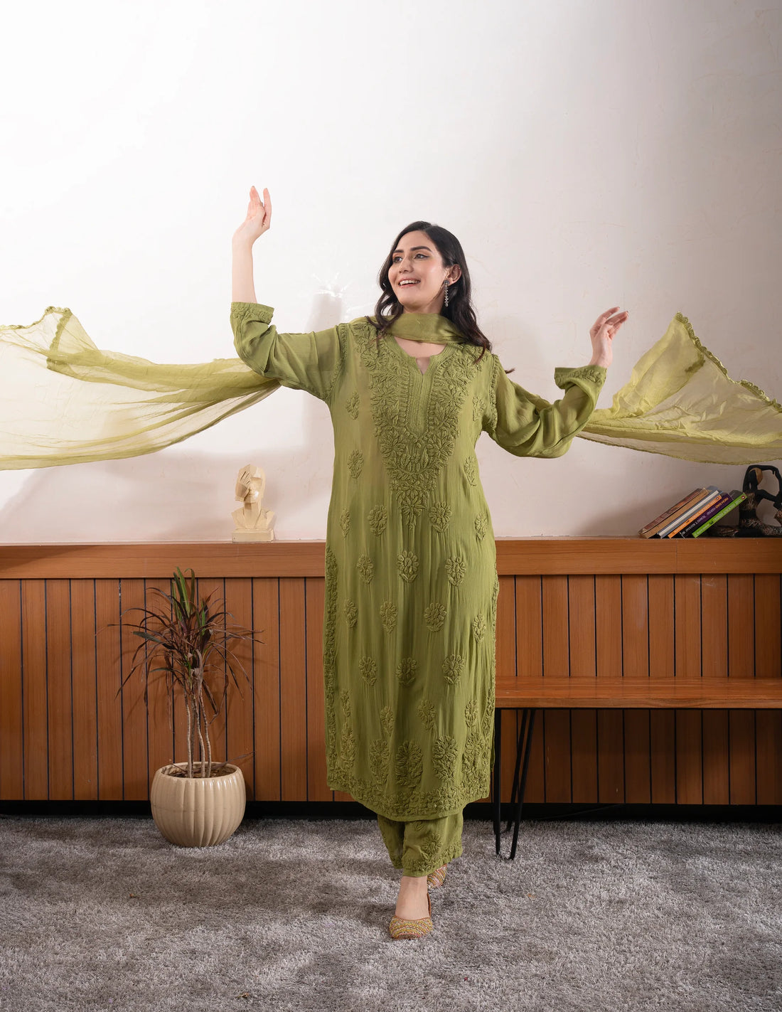 Mocha Blossom Viscose Georgette Straight Chikankari  Kurta Set