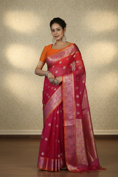 Banarasi Organza Saree with Gold Butti and Zari Border in Rani Pink