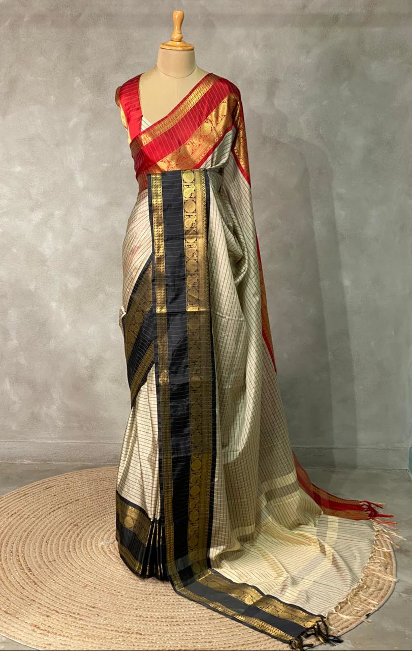 Crimson Semi Kanchipuram Silk Saree with Regal Zari Borders
