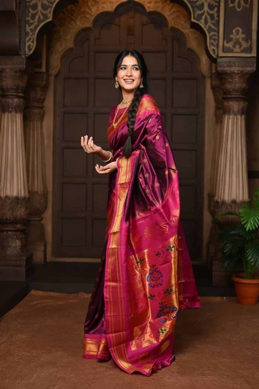 Maharani Paithani with Majestic Maharani Pallu in Wine