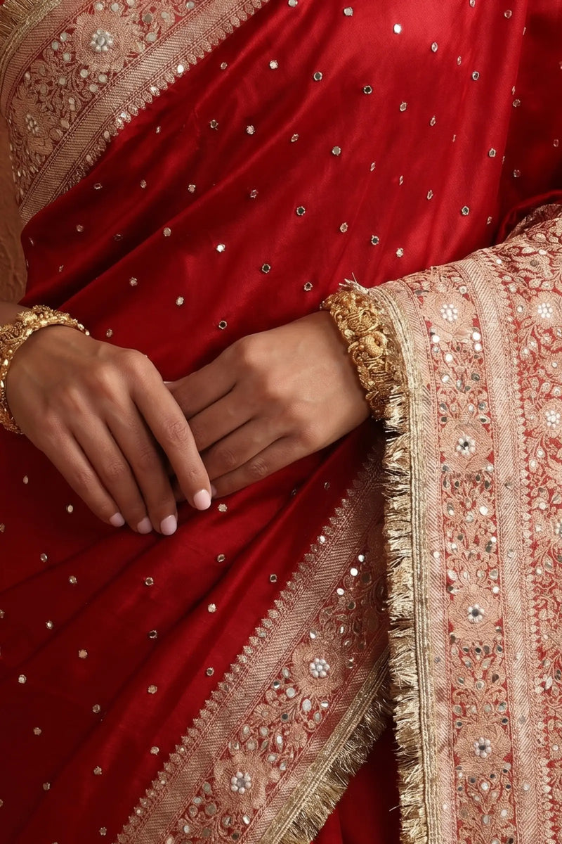 Ruby Royale Banarasi Tissue Mirror Work Border Saree with Blouse