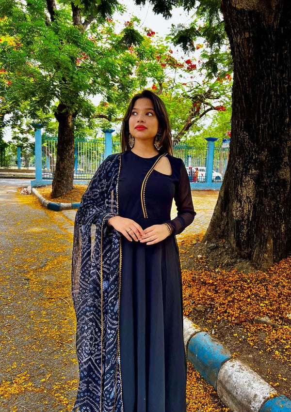 Graceful Navy Blue Bandhani Anarkali with Dupatta
