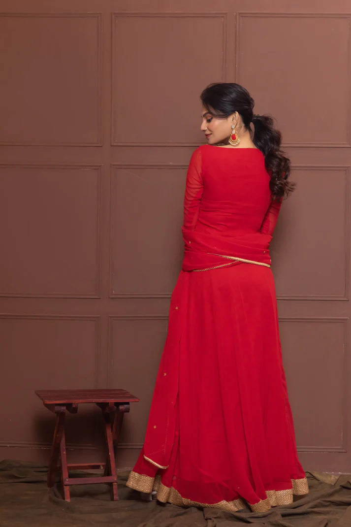 Chanderi Red Petal Neck Anarkali with Dupatta