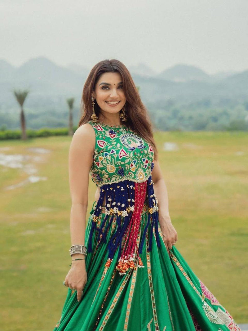 Green Heritage Lehenga Choli Set with Printed Dupatta