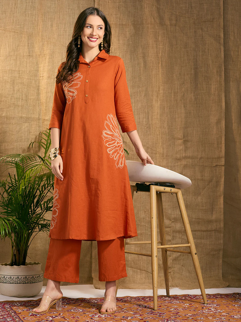 Rust Cotton Floral Embroidered Co-Ord Set