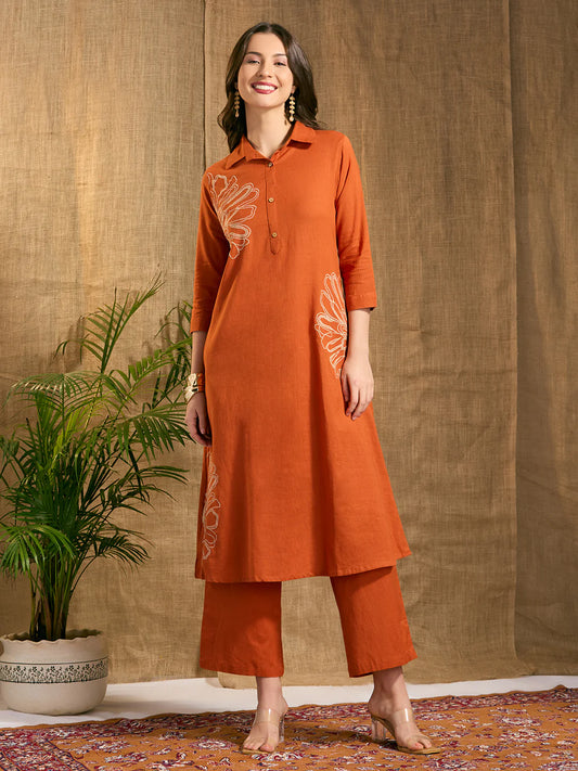 Rust Cotton Floral Embroidered Co-Ord Set