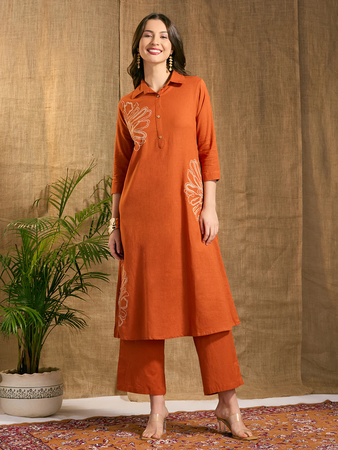 Rust Cotton Floral Embroidered Co-Ord Set