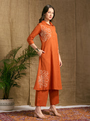 Rust Cotton Floral Embroidered Co-Ord Set