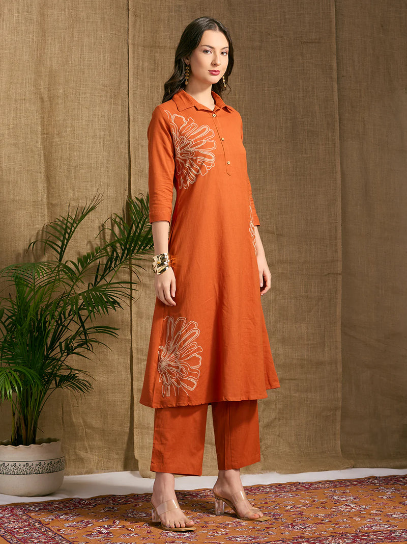 Rust Cotton Floral Embroidered Co-Ord Set