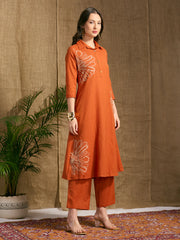 Rust Cotton Floral Embroidered Co-Ord Set