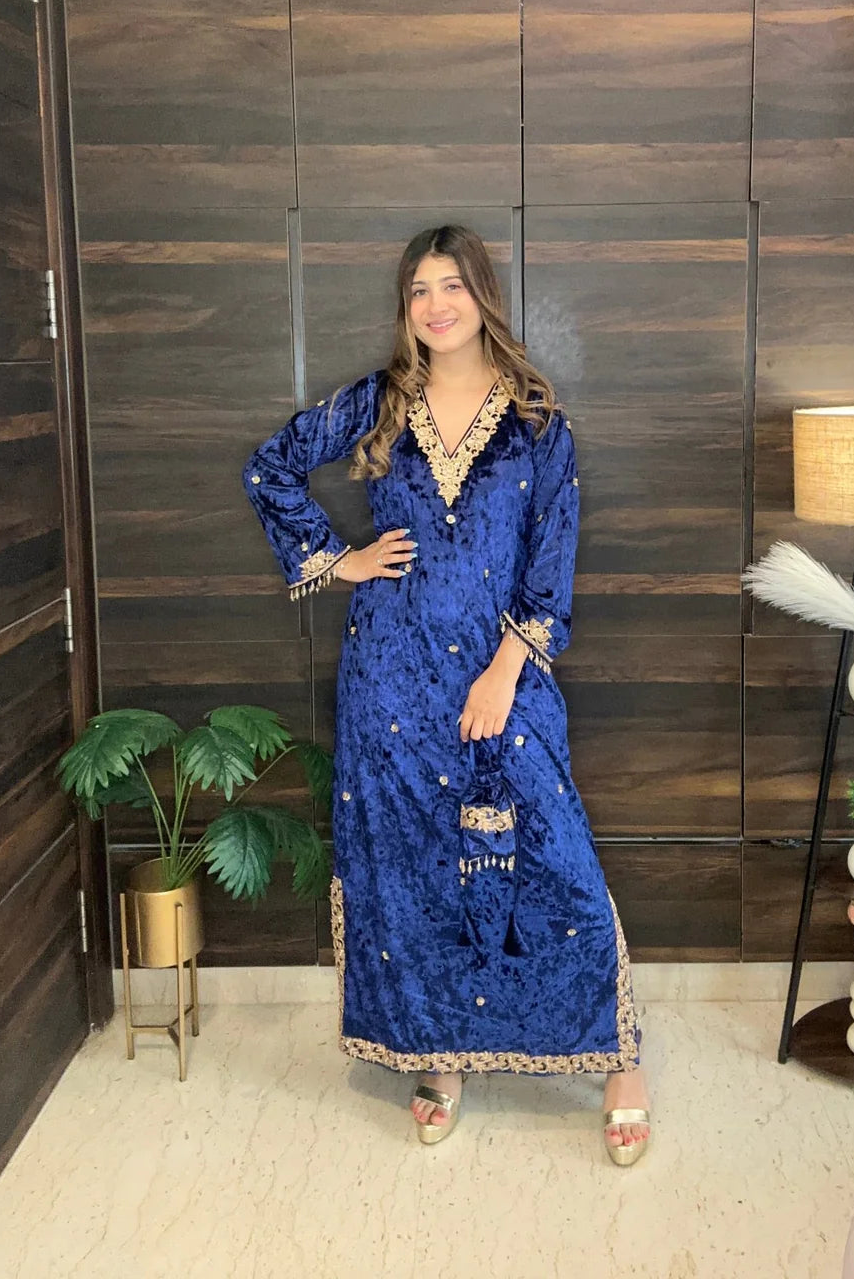 Royal Blue Velvet Indo-Western Kaftan Dress With Potli Bag
