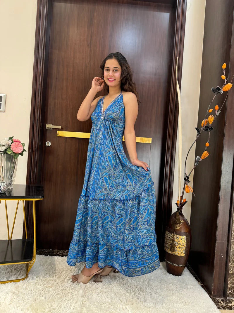 Blue Mirage Paisley Backless Maxi Dress