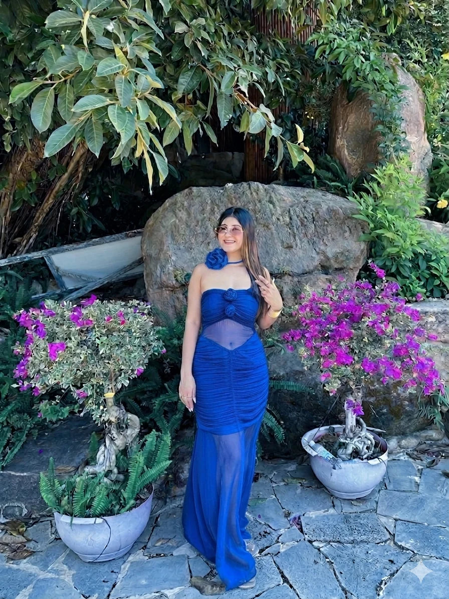 Fuchsia Rose Halo Choker Maxi Dress