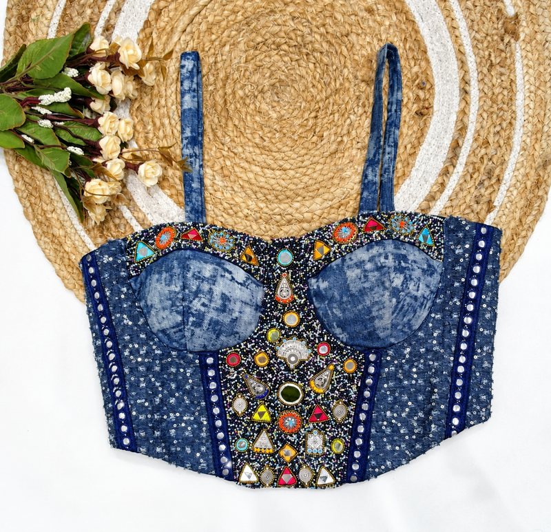 Blue Denim Mirror Work Embroidered Corset Blouse