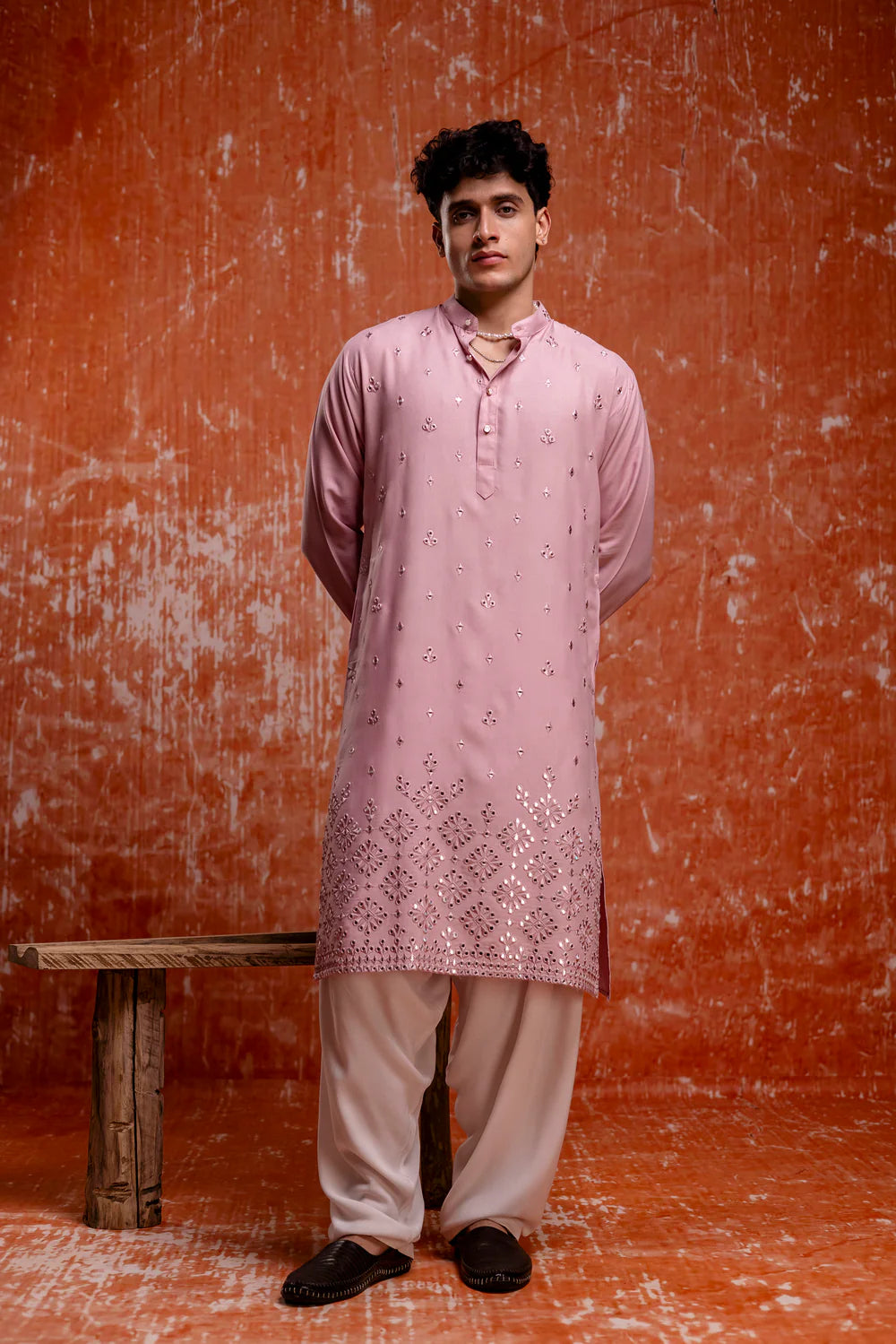 Pastel Pink Cotton Chikan Mirror Kurta